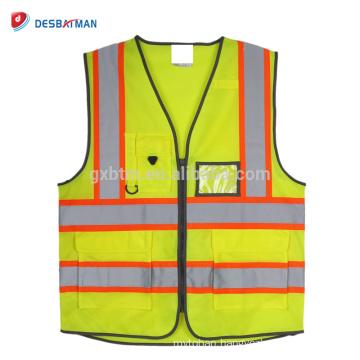 Top 100% Polyester High Visibility Construction Safety Vest with Pockets and Zipper Double Horizontal Reflective Strips Yellow